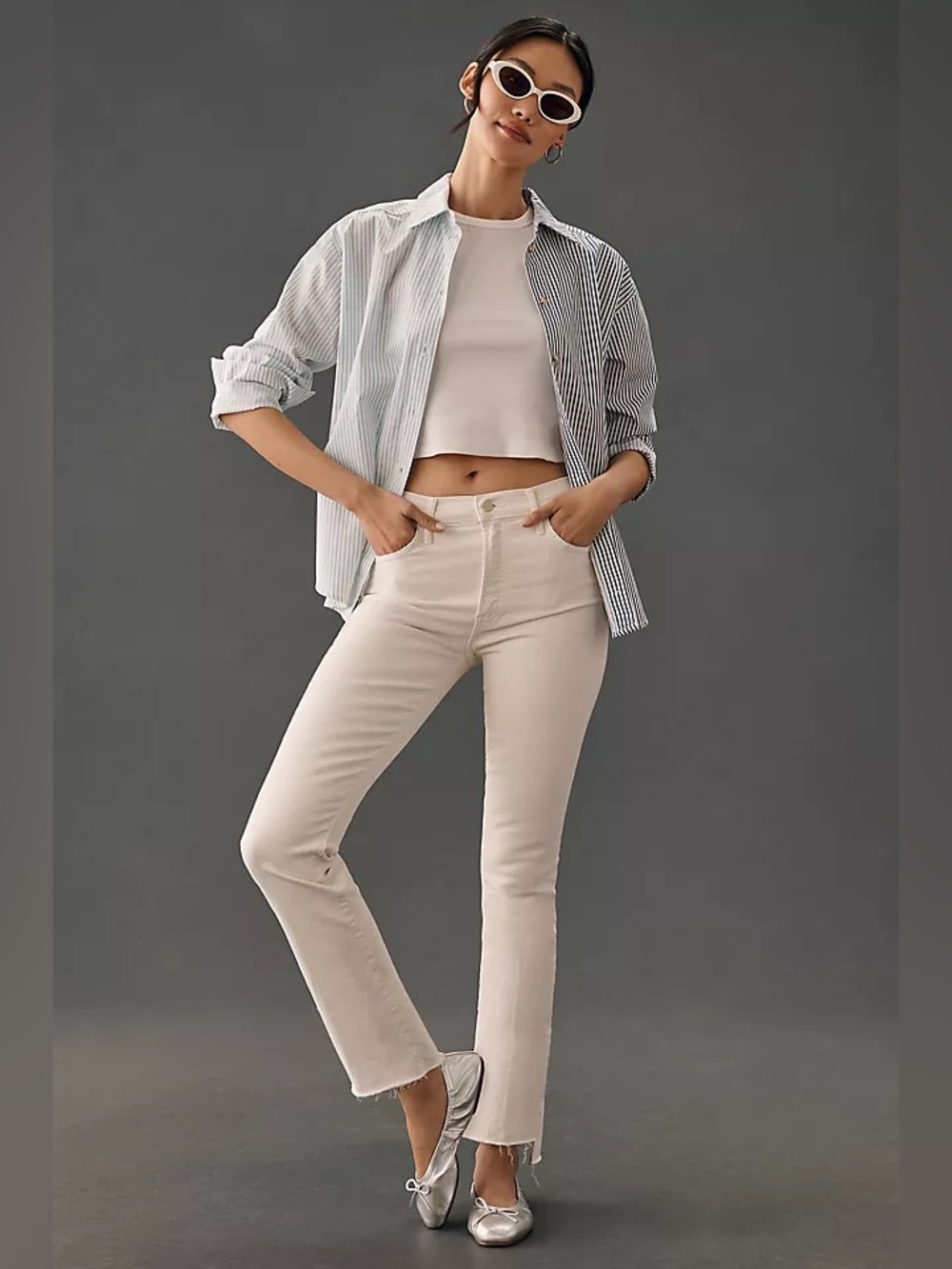 MOTHER The Insider Crop Step Fray Jeans off white cream
